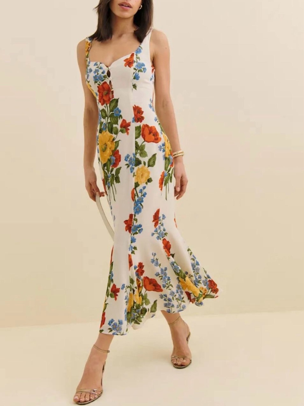 Reformation Floral Sweetheart Mermaid Midi Wedding Guest Dress Cream Red 12